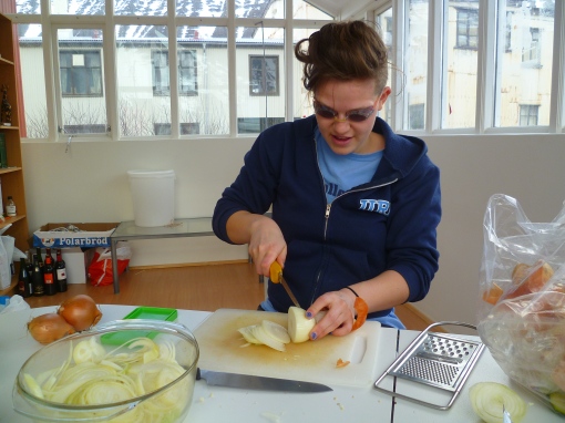 As the sous chef, I had many responsibilities. One was cutting 15 onions... and swimming goggles ensure no tears!